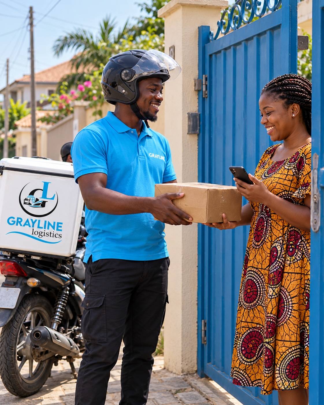 A Grayline rider handing a parcel to a customer at her gate