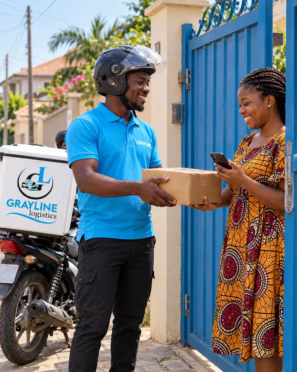 A Grayline rider in a sky-blue polo handing a parcel to a smiling customer at her gate