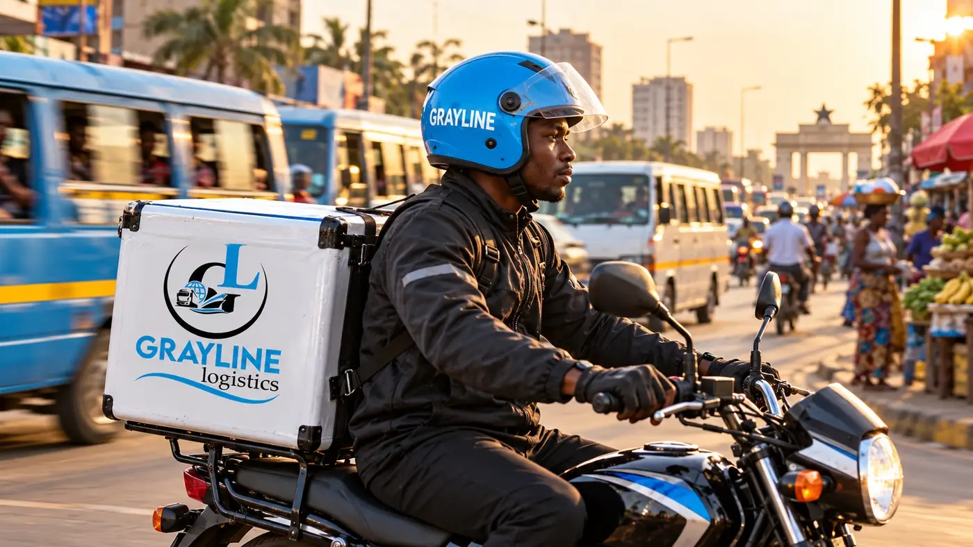 A Grayline rider in a sky-blue helmet carrying a branded delivery box through Accra traffic
