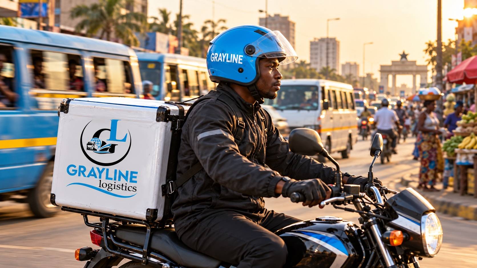 A Grayline rider with a branded delivery box riding through Accra