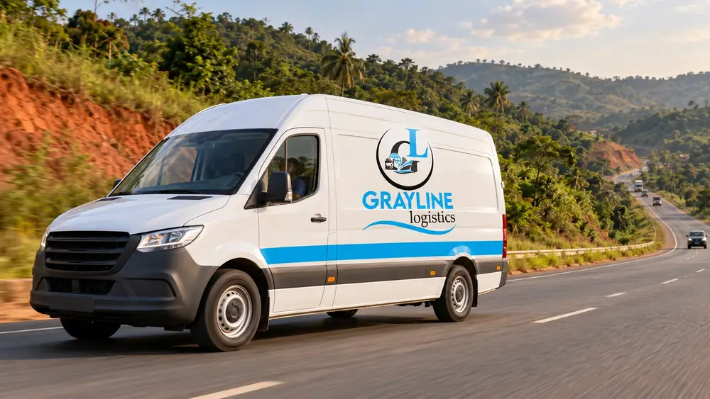 A white Grayline Logistics van on a highway through green hills