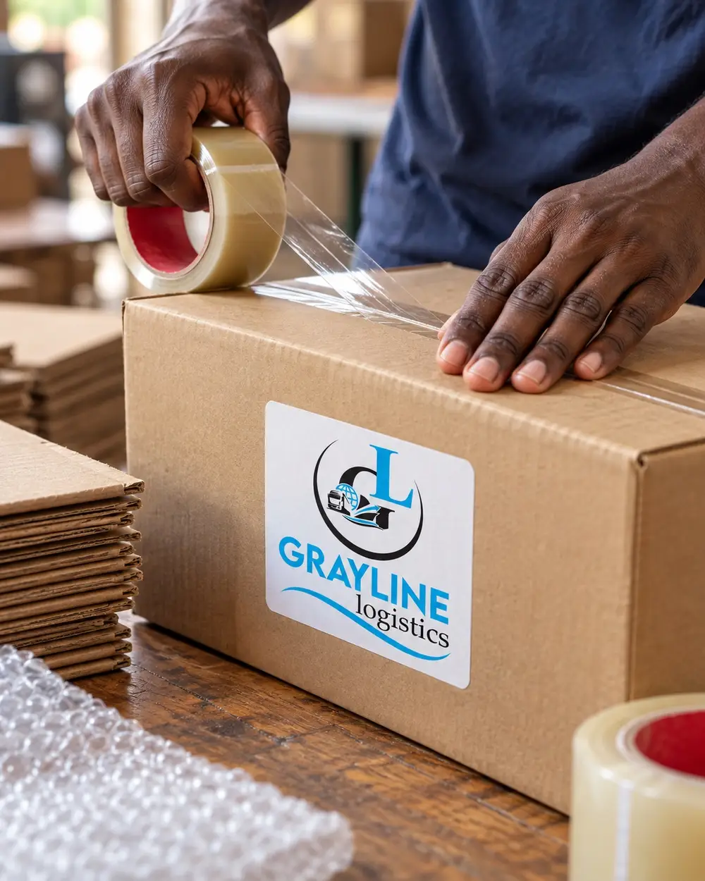 Hands taping a cardboard box with a Grayline Logistics sticker
