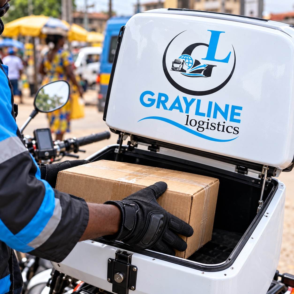 A rider loading a parcel into a Grayline delivery box