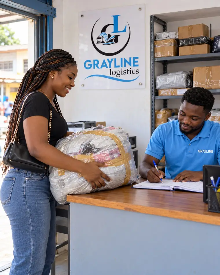An online seller handing a wrapped bundle of stock to a Grayline staff member at the office counter