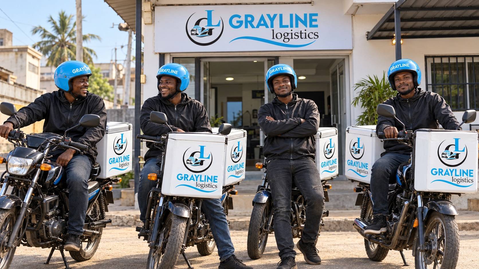 Four Grayline riders in sky-blue helmets on their motorbikes outside the Grayline Logistics office