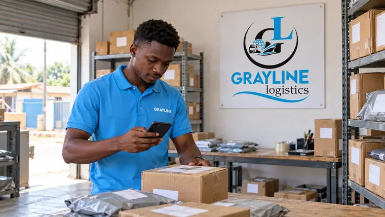 A Grayline staff member checking parcels on warehouse shelves against his phone